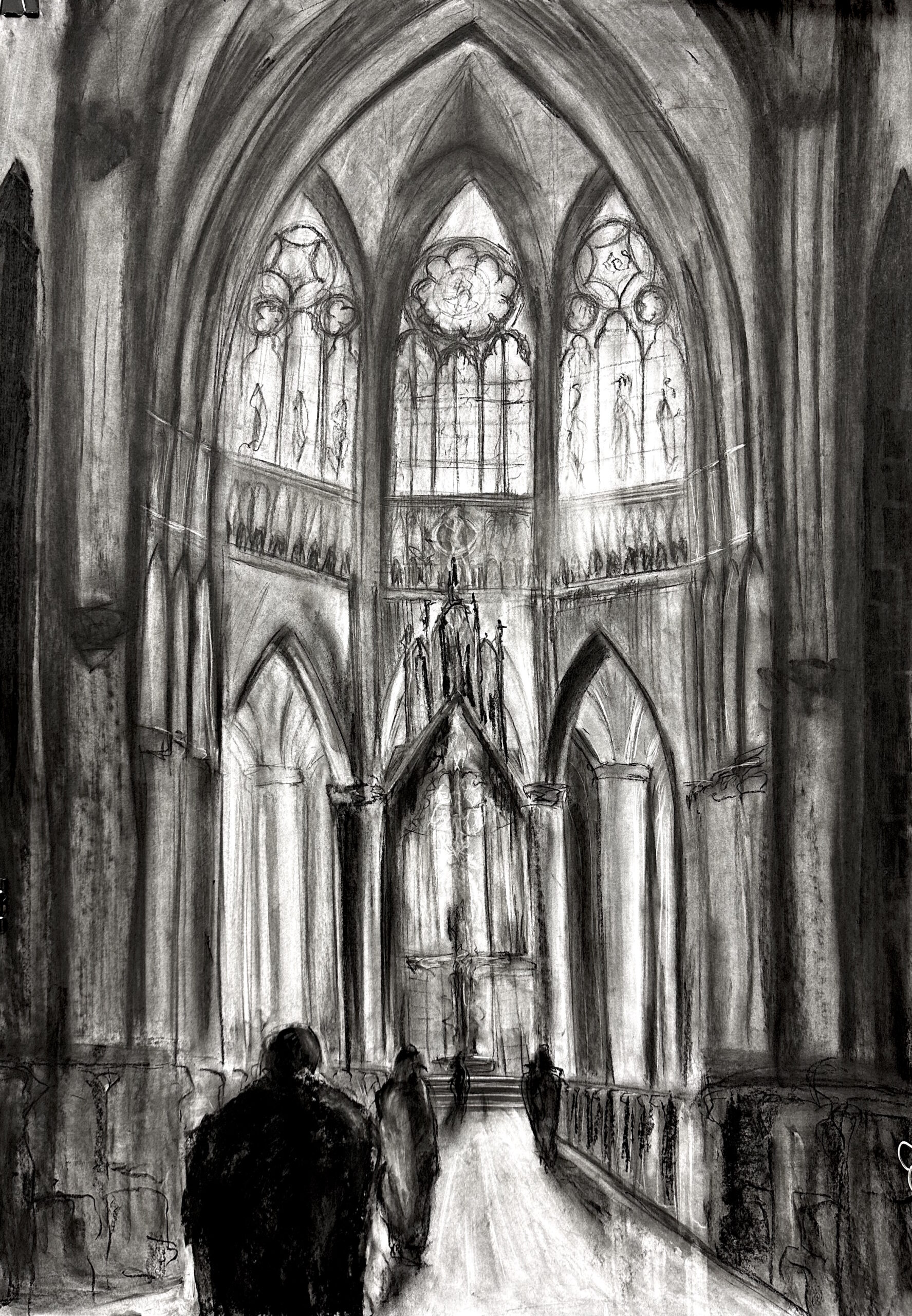 Rysunek architektoniczny - wnętrze kościoła - praca wykonana przez ucznia kursów przygotowawczych RysunekArchitektura