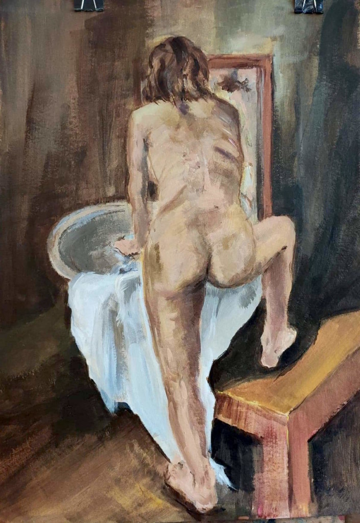 Akt kobiety siedzącej przy miednicy namalowany na kurs malarstwa RA
