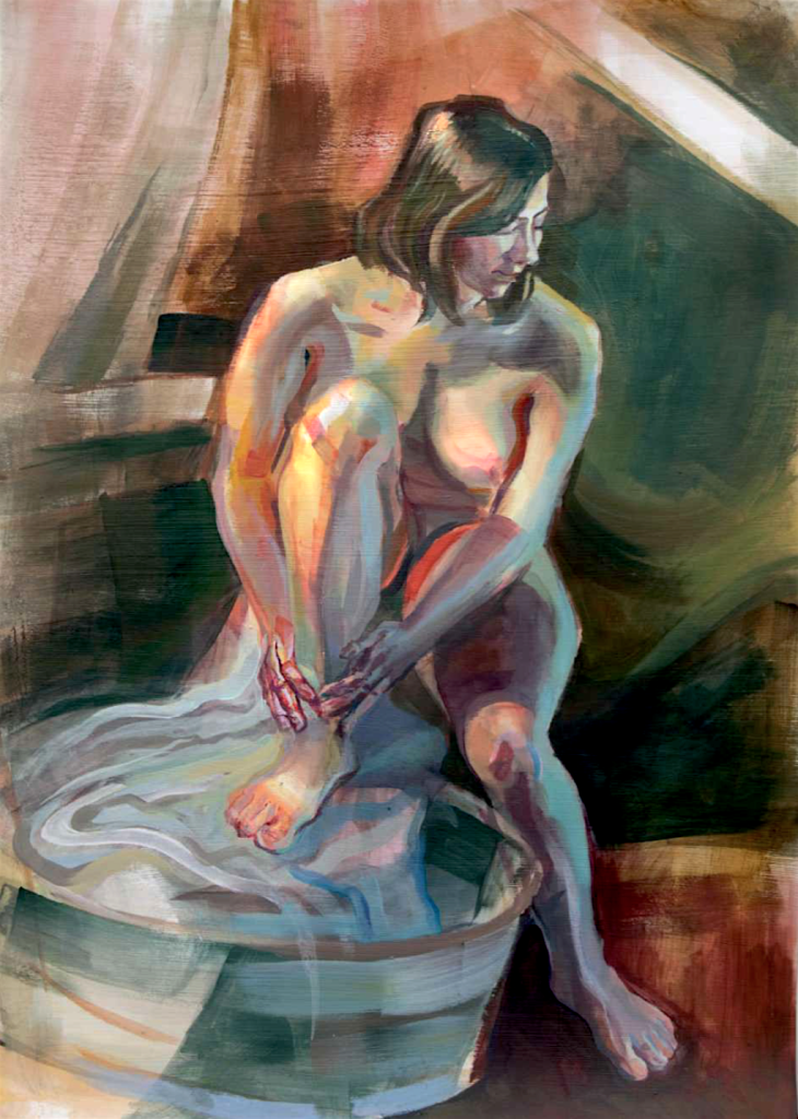 Akt kobiety siedzącej przy miednicy namalowany na kurs malarstwa RA