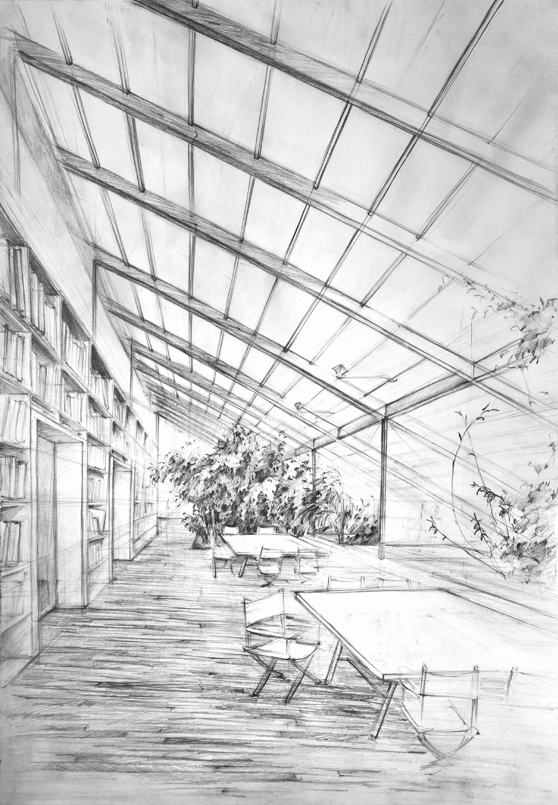 Rysunek architektoniczny - wnętrze biblioteki - nauka rysunku architektonicznego w szkole RysunekArchitektura