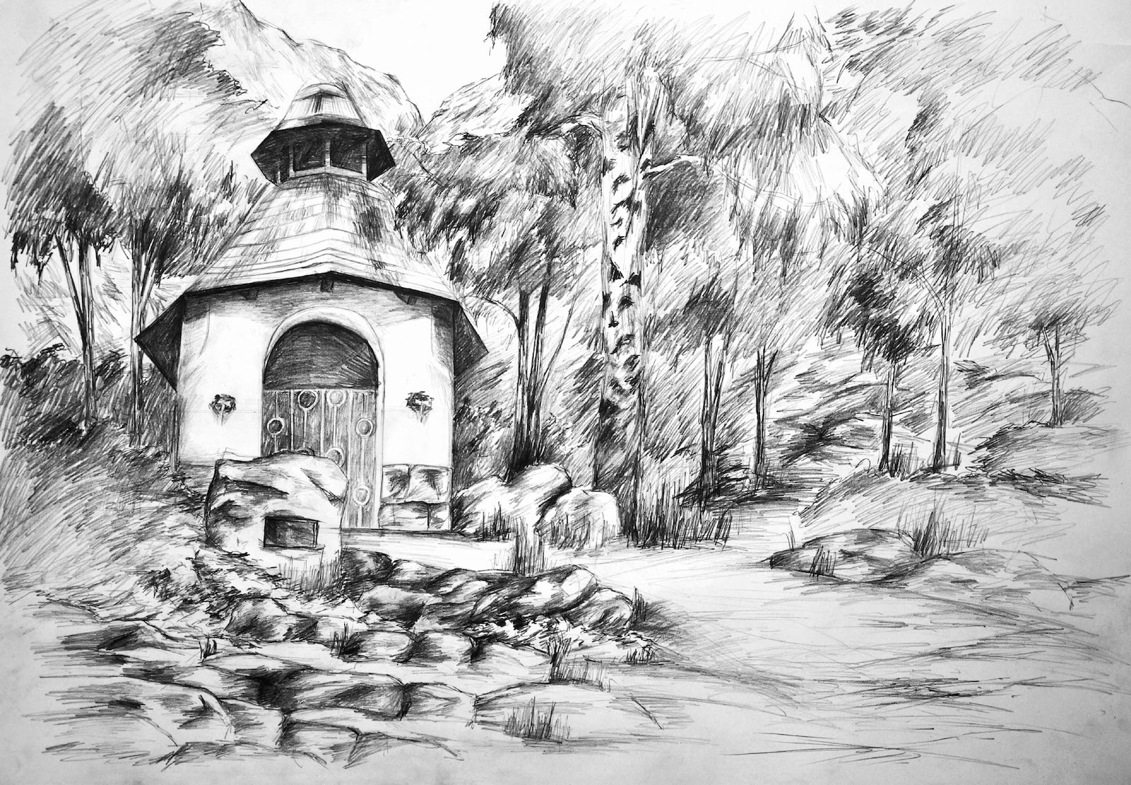 Rysunek architektoniczny - kapliczka w krajobrazie - kurs rysunku w RysunekArchitektura